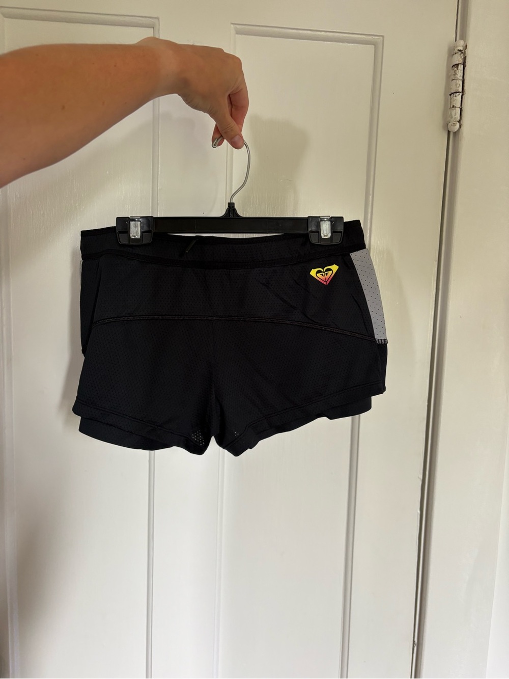 Roxy Black Athletic Shorts with Gray Side Panel and Yellow Logo